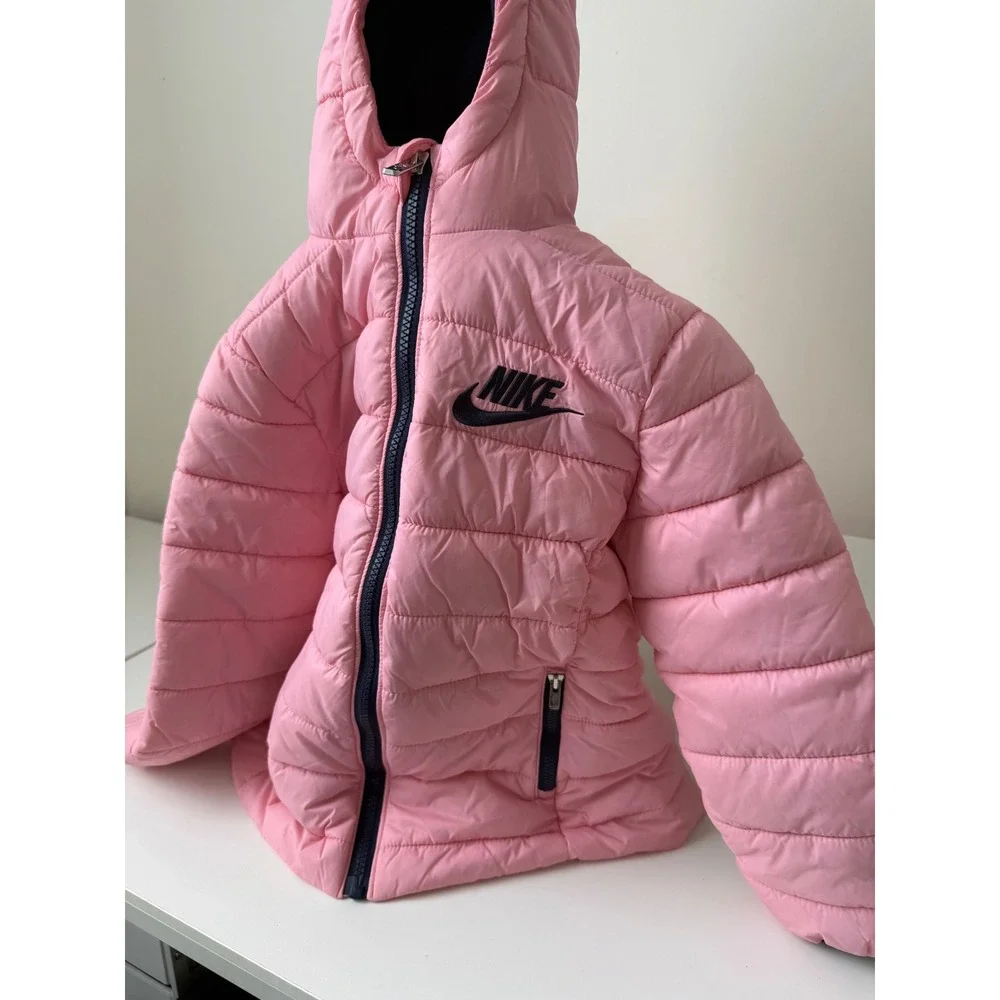 Nike Girls Pink Puffer Jacket Fleece Lined Hooded Full Zip Coat Size 4 XS 3-4Y